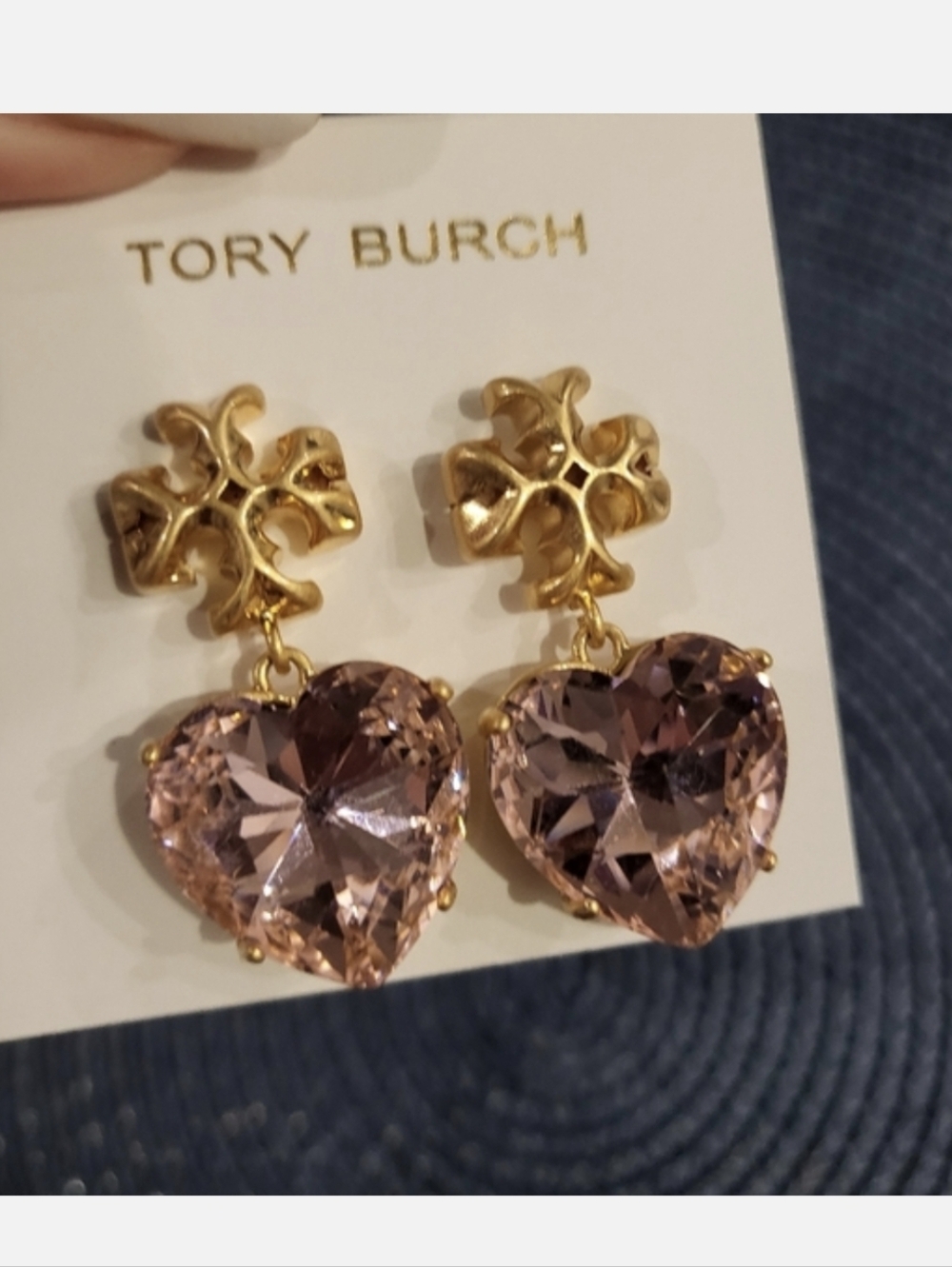 Tory Burch Gold Drop Earrings with Light PinkHeart Crystals